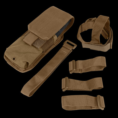 The Condor M4 Buttstock Mag Pouch is shown in tan with a flap cover, accompanied by four tan straps of different lengths and buckle styles—ideal for EDC or military use.